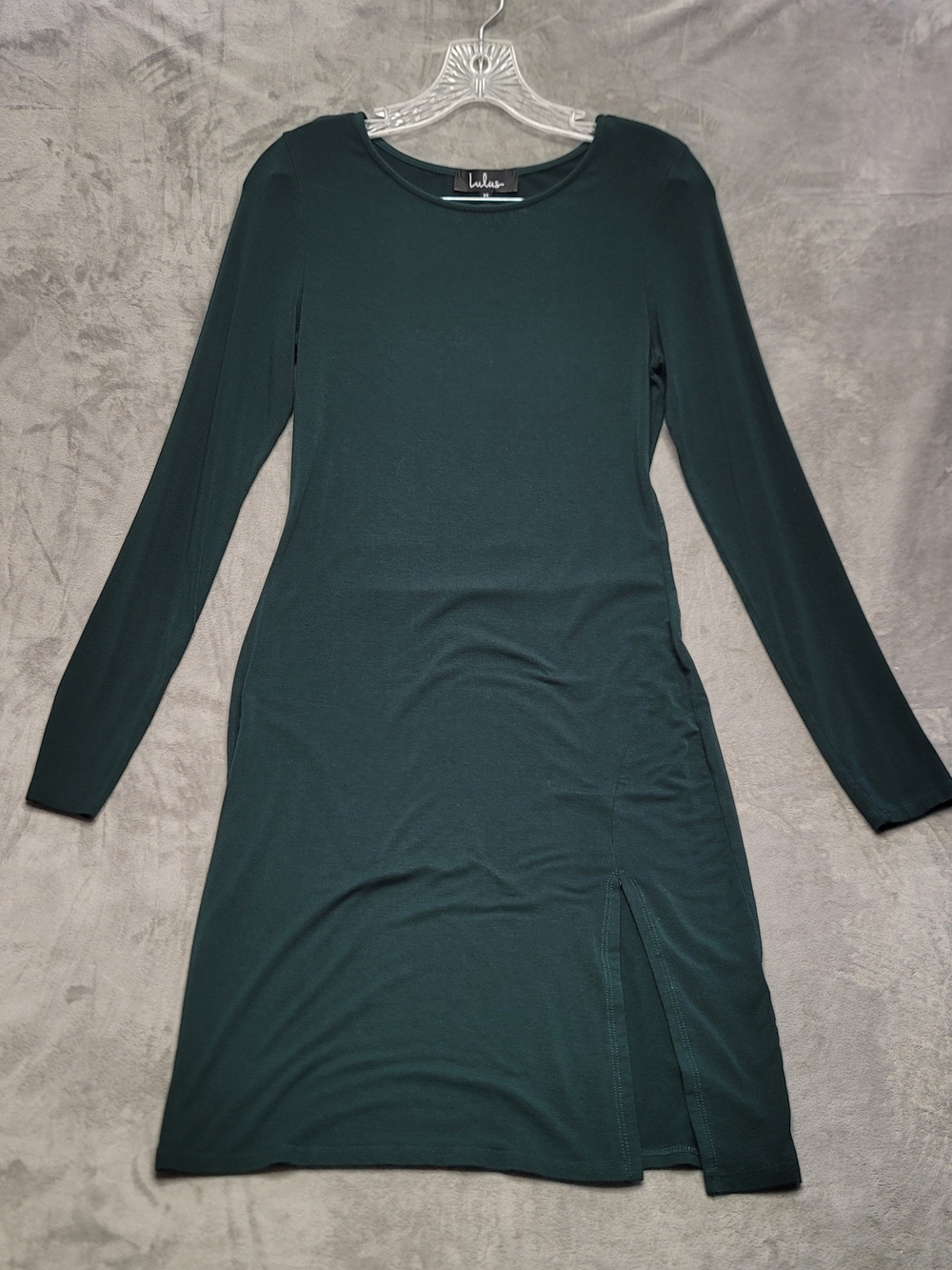 Lulu's Long Sleeve Forest Green Knit Midi Dress Bodycon Fit Side Slit Medium